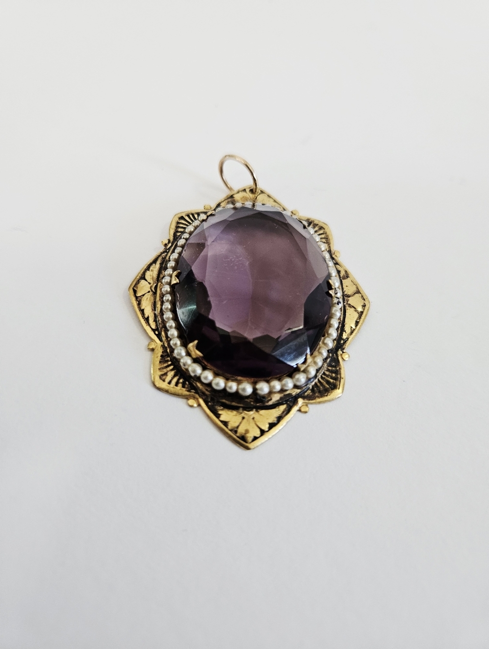 Antique Victorian Edwardian Brass Seed Pearl Enamel Pendant Converted Brooch - Picture 3 of 15